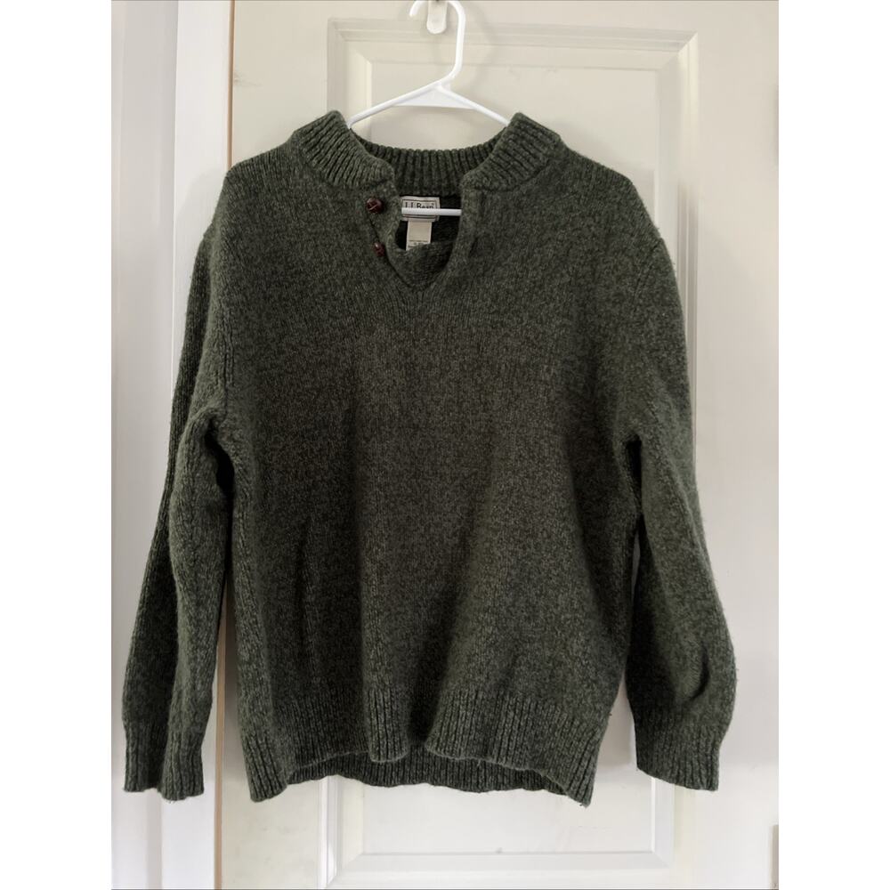 LL Bean Sweater Mens XL Green Lambs Wool Henley Button Knit Long Sleeve